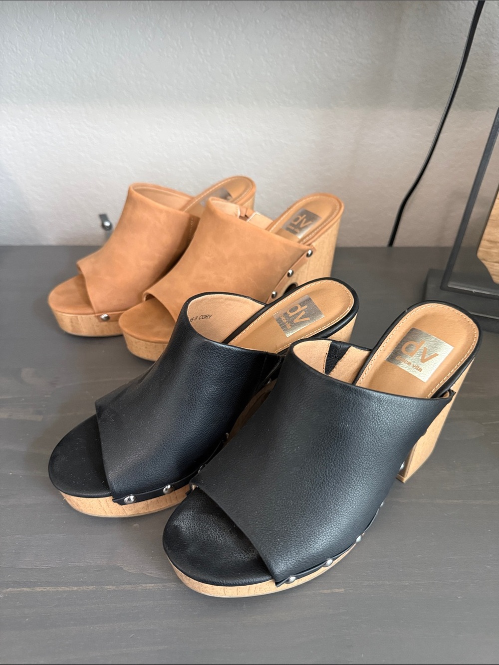 DV by Dolce Vita Black and Tan Open-Toe Platform Mules sold as a set. Size 8